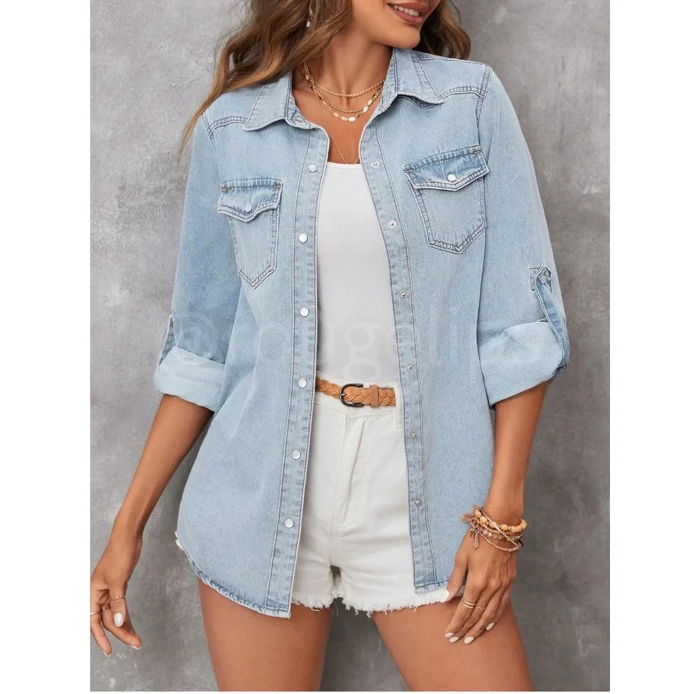 Light Wash Blue Flap Pocket Roll Tab Long Sleeve Denim Button Up Down Shirt - Picture 1 of 6